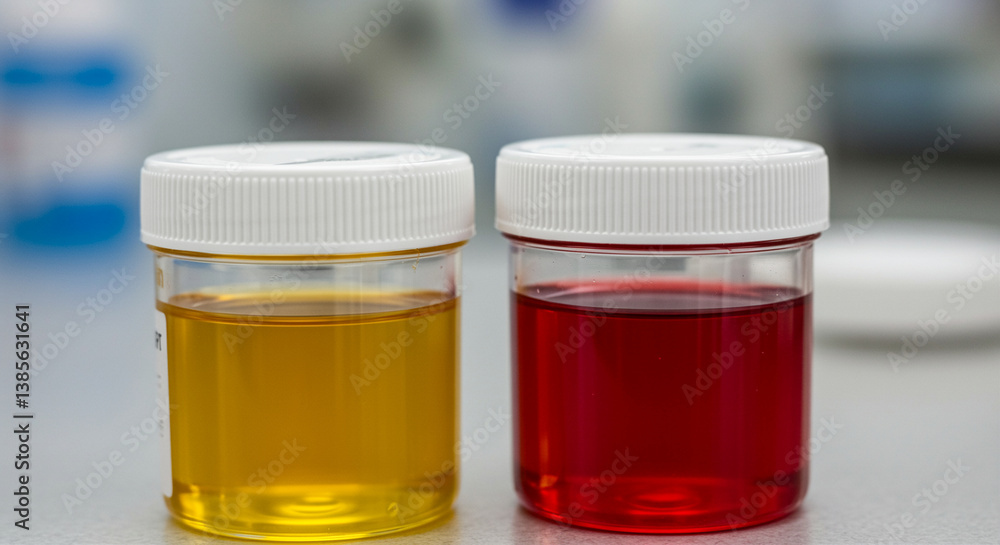 Poster liquid samples in test tubes show yellow and red liquids for laboratory analysis indicating possible