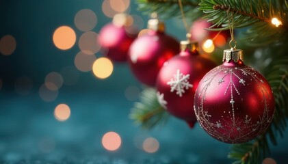 Obraz premium Delicate glass ornaments in a festive garland, winter wonderland, glass balls