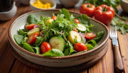Fresh garden salad featuring tomatoes, cucumbers, and leafy greens in a rustic bowl for healthy eating, fresh vegetables, and vibrant meals