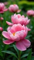 Fototapeta premium Delicate pink peonies unfurl in a lush garden setting, soft petals cascading towards the ground , floral, soft focus