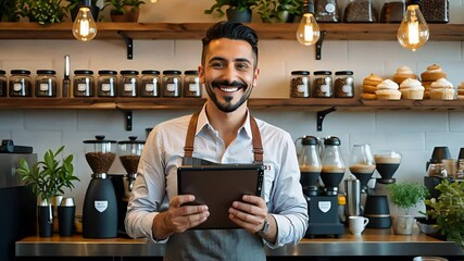 Smiling male barista holding digital tablet inside modern coffee shop with wooden shelves, coffee jars, grinders, and hanging lights

 - Powered by Adobe