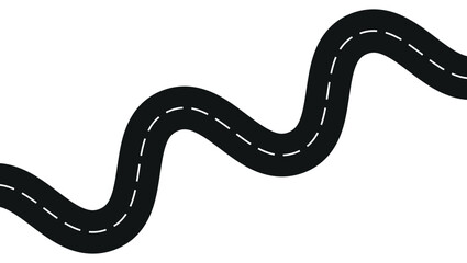 Curved black winding road with dashed white lines on plain background, simple and flat illustration	