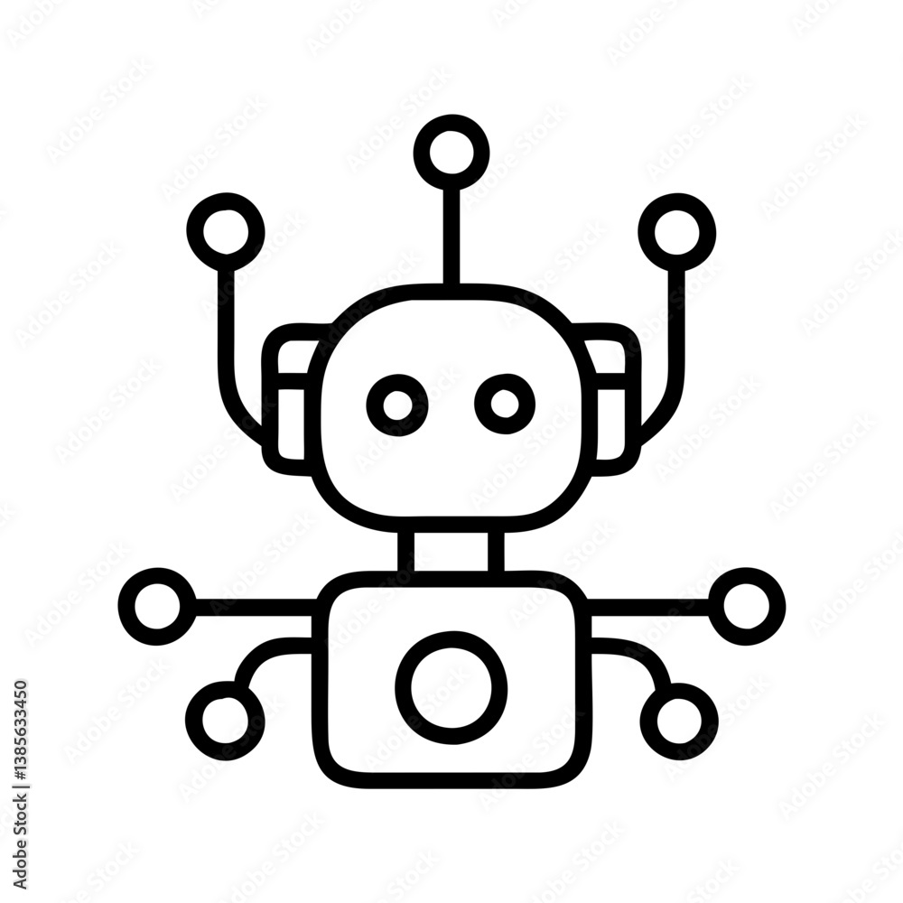 Poster outline drawing of a cute robot character for artificial intelligence and technology concepts vector