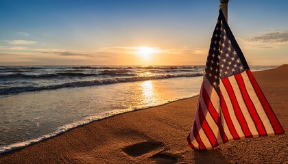 Patriotic serenity: American flag on beach at sunset with sea waves
