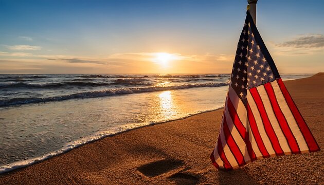 Patriotic serenity: American flag on beach at sunset with sea waves
