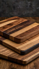 Fototapeta premium Wooden Chopping Boards: An exquisite arrangement of wooden cutting boards showcasing the natural beauty and craftsmanship of each unique design, captured in a still life with meticulous detail.