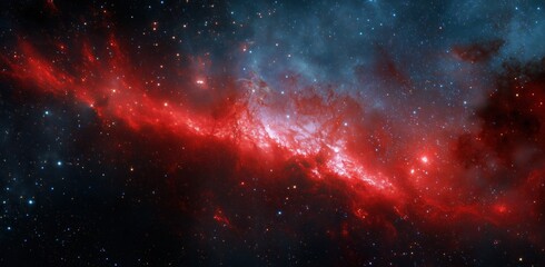 Naklejka premium Vibrant Red Nebula in Vast Space with Glittering Stars and Swirling Cosmic Dust Against Galactic Background