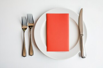 fine dining table setting of luxury fancy restaurant menu invitation card mockup for weddings and romantic eating event decoration on a white cinematic background, photography.