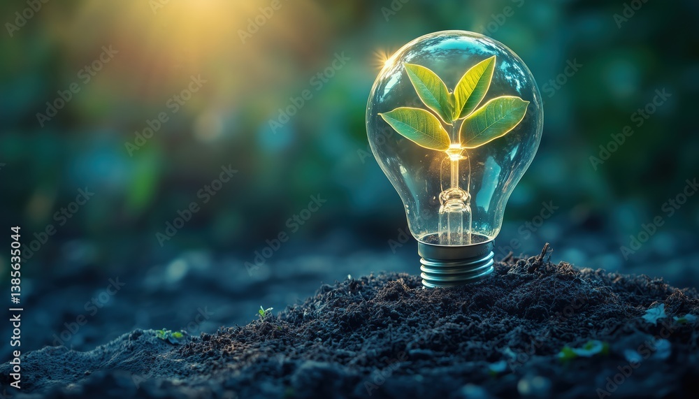 Poster tree growing on light bulb with soil: exploring digital and technology convergence, featuring blue l
