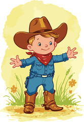 Illustration of a cute cowboy kid character in a hat bandana and boots standing with open arms happy and smiling