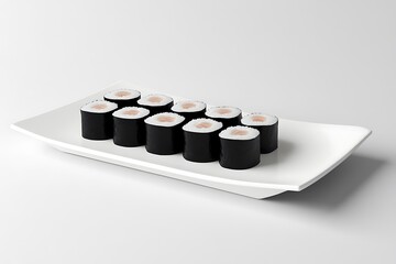 A white dish displays sushi rolls in an elegant arrangement.
