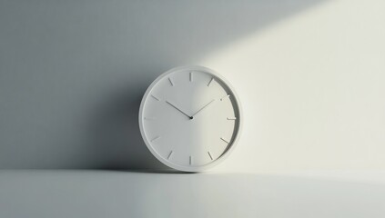 Modern white clock on a white wall, minimalist design, sunlight, time