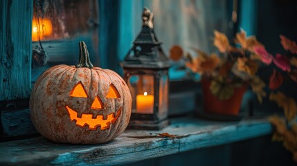Obraz premium a pumpkin and candle on a window sill 