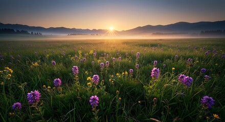 Naklejka premium Sunrise Meadow's Embrace AI Generated