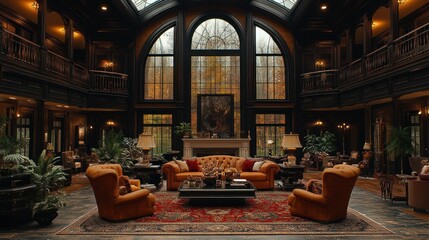 Obraz premium Grand, opulent living room with high ceilings, large windows, and warm colors