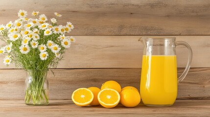 Fototapeta premium A refreshing scene featuring a pitcher of orange juice, whole and sliced oranges, and a vase of daisies against a rustic wooden backdrop.