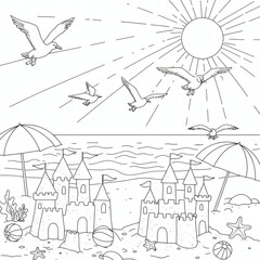 Sunny Beach Day Coloring Page Sandcastles, Seagulls, and Summer Fun