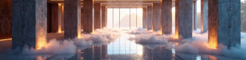 Drifting mist surrounds sleek lobby pillars, subtle reflections, modern art