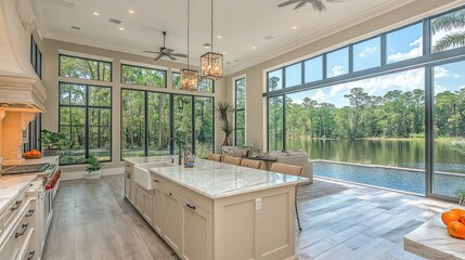 Spacious modern kitchen with a stunning waterfront view, featuring large windows and elegant decor for a serene living experience