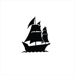 Silhouette illustration of a sailing ship with multiple sails on white background