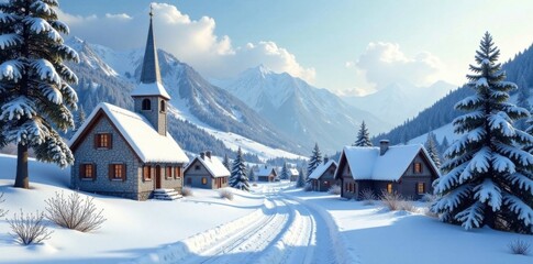 Snowy village scene with snow-covered houses and church steeple, snow flakes, church, frosty windows