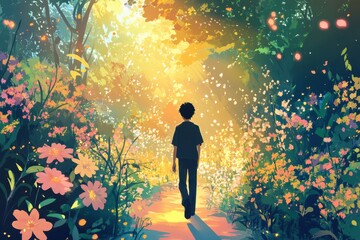 Anime style illustration of a young man walking down a magical forest path filled with glowing flowers and colorful trees, surrounded by warm golden light and floating petals.