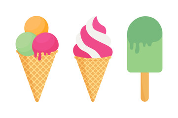 Tasty ice cream with different flavor in cone and stick. Summer sweet cold dessert. Vector illustration