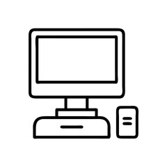 Computer desktop pc vector icon, monitor screen, cpu tower, workstation graphic, technology device line art