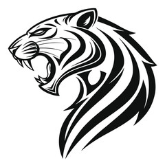 Obraz premium fierce tiger head, tribal style, black and white illustration, roaring, sharp fangs, stylized stripes, bold lines, graphic design, mascot, strong profile view, aggressive expression, sleek curves, min