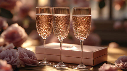 Engraved champagne flutes in personalized gift box, wedding celebration, 3D illustration