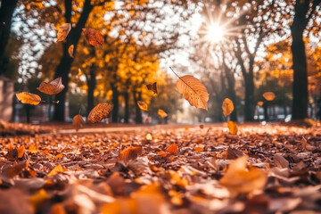 Vibrant Autumn Landscape with Colorful Foliage in Peaceful Park Setting Bathed in Sunshine