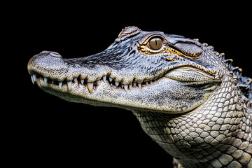 Obraz premium Detailed Portrait of a Crocodile with Unique Features on Solid Black Background