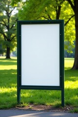 Realistic outdoor poster mockup on park fence , trees, landscape