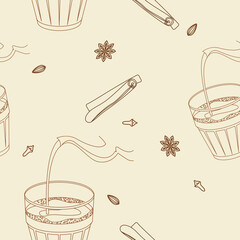 Editable Outline Style Vector Illustration Seamless Pattern of Pouring Indian Masala Chai into Glass Mug with Assorted Herb Spices for South Asian Culture and Tradition Beverages Background