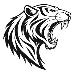 fierce tiger head, tribal style, black and white illustration, roaring, sharp fangs, stylized stripes, bold lines, graphic design, mascot, strong profile view, aggressive expression, sleek curves, min
