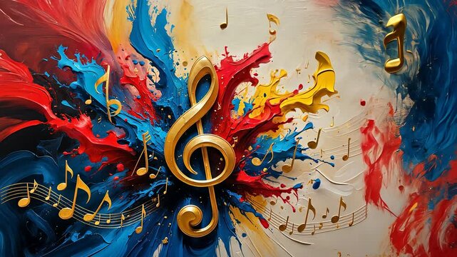 Colorful music-themed abstract art featuring a golden treble clef surrounded by vibrant splashes of red, blue, and yellow paint.

