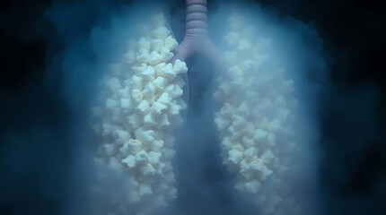 Popcorn in the shape of a lung in smoke - a concept and metaphor for the harm of smoking. Evali Conception