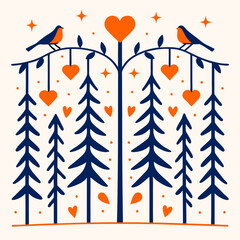 .Vector art of A forest scene with birds and glowing heart lanterns