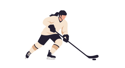 Fototapeta premium Female hockey player skating with a puck on a white background 