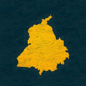 Punjab yellow map on isolated greenish textured background. High quality coloured map of Punjab, India.