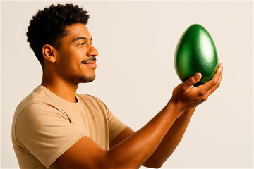 Homem segurando ovo de Páscoa verde com expressão contemplativa
