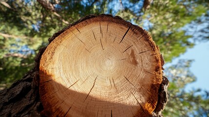 A close-up of a tree stump reveals intricate growth rings, showcasing the tree's age and natural beauty against a backdrop of green foliage.