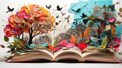 An open book with various elements emerging from its pages