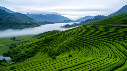 Obraz premium Lush Green Terraced Rice Fields Under Foggy Sky in Mountain Landscape