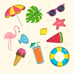 可爱卡通夏天沙滩火烈鸟太阳伞雪糕贝壳