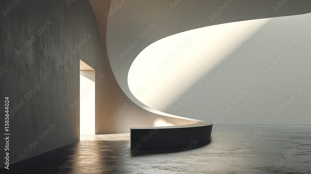 Poster a modern architecture interior with a curved ceiling and a view of the water outside the building