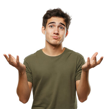 Young man shrugs shoulders unsure expression olive green shirt isolated on transparent background