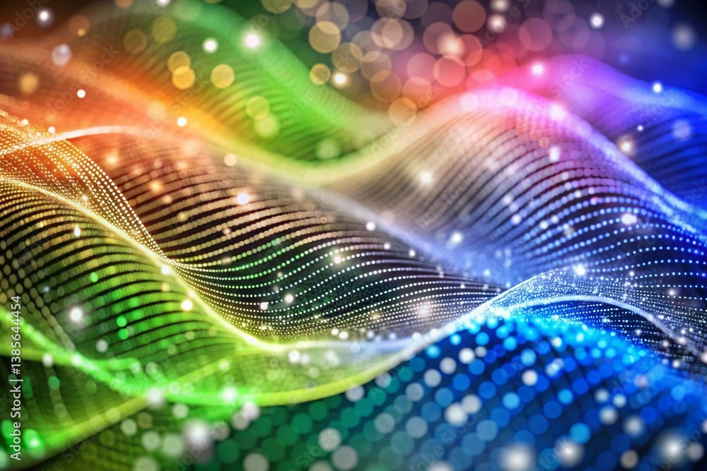Poster dynamic digital wave with glowing dots and defocused particles, ideal for futuristic tech background