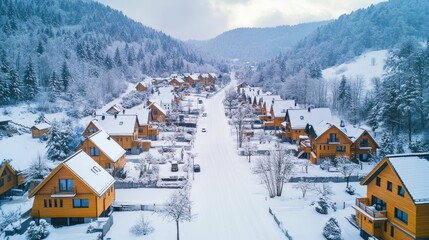 Snowy village aerial, winter homes, mountain view, peaceful scene, postcard