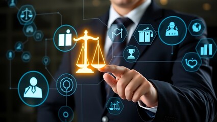 Legal Technology and Digital Justice Concept, Businessman Touching Virtual Legal Interface, Law and Technology Innovation in the Legal Industry